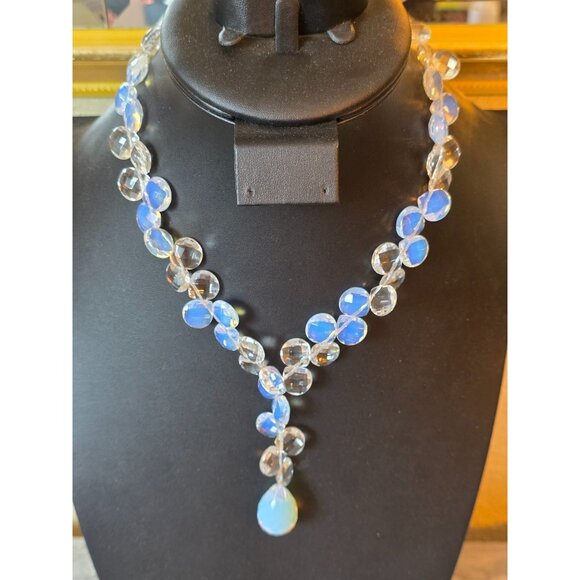 Sterling Silver Faceted Opalite Teardrop Pendant Toggle Clasp Antique - Picture 1 of 8
